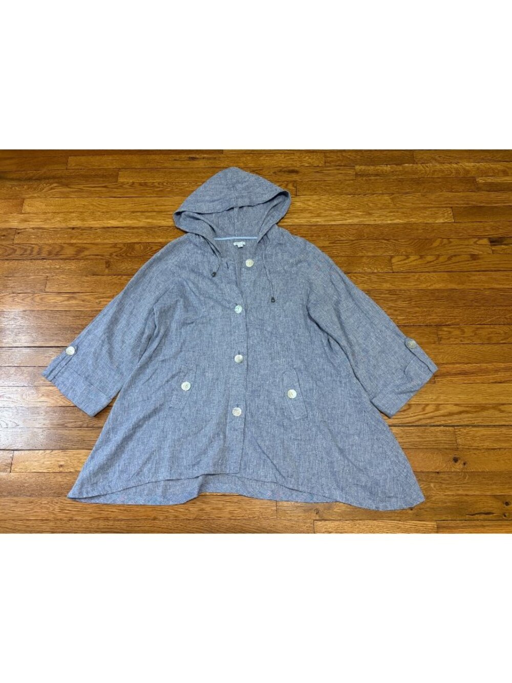 Sigrid Olsen Womens Hooded Tunic Sz Large Blue Heathered Linen Cotton Button Up